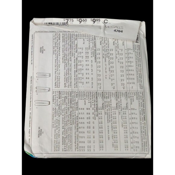 Vtg McCalls 4764 Palmer Pletsch Dress Pants Trousers 12 Uncut Sewing Pattern - Picture 3 of 6